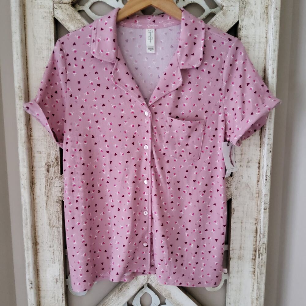 Jessica Simpson Pajama Top Medium Pink Heart Print Button Front Sleepwear